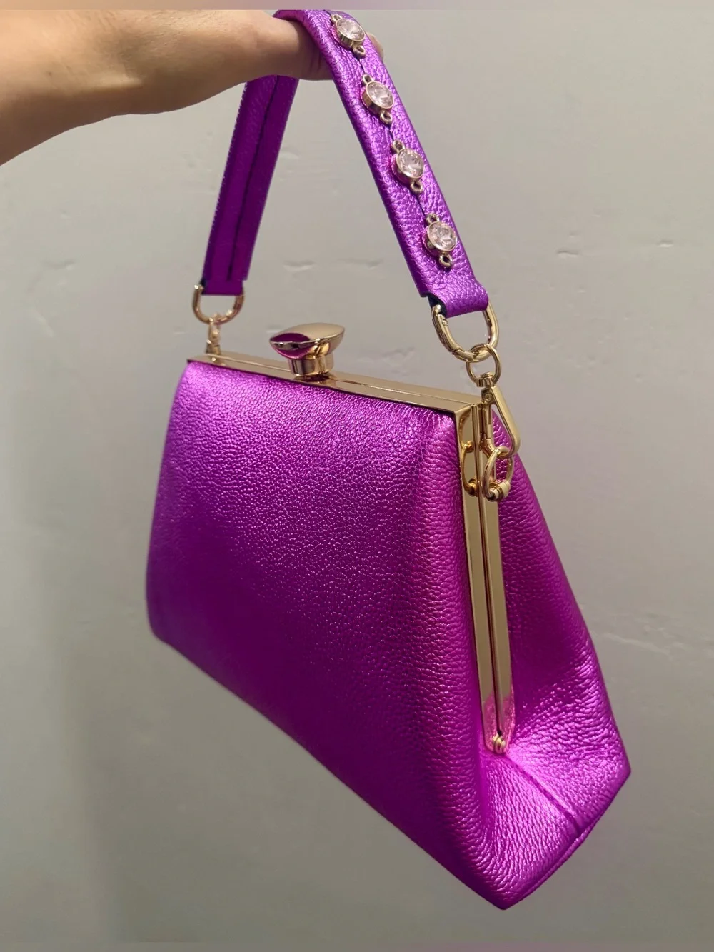 Metallic Purple Pebble Cowhide Handmade Push Lock Boxy Bag, Multi Use Style Bag
